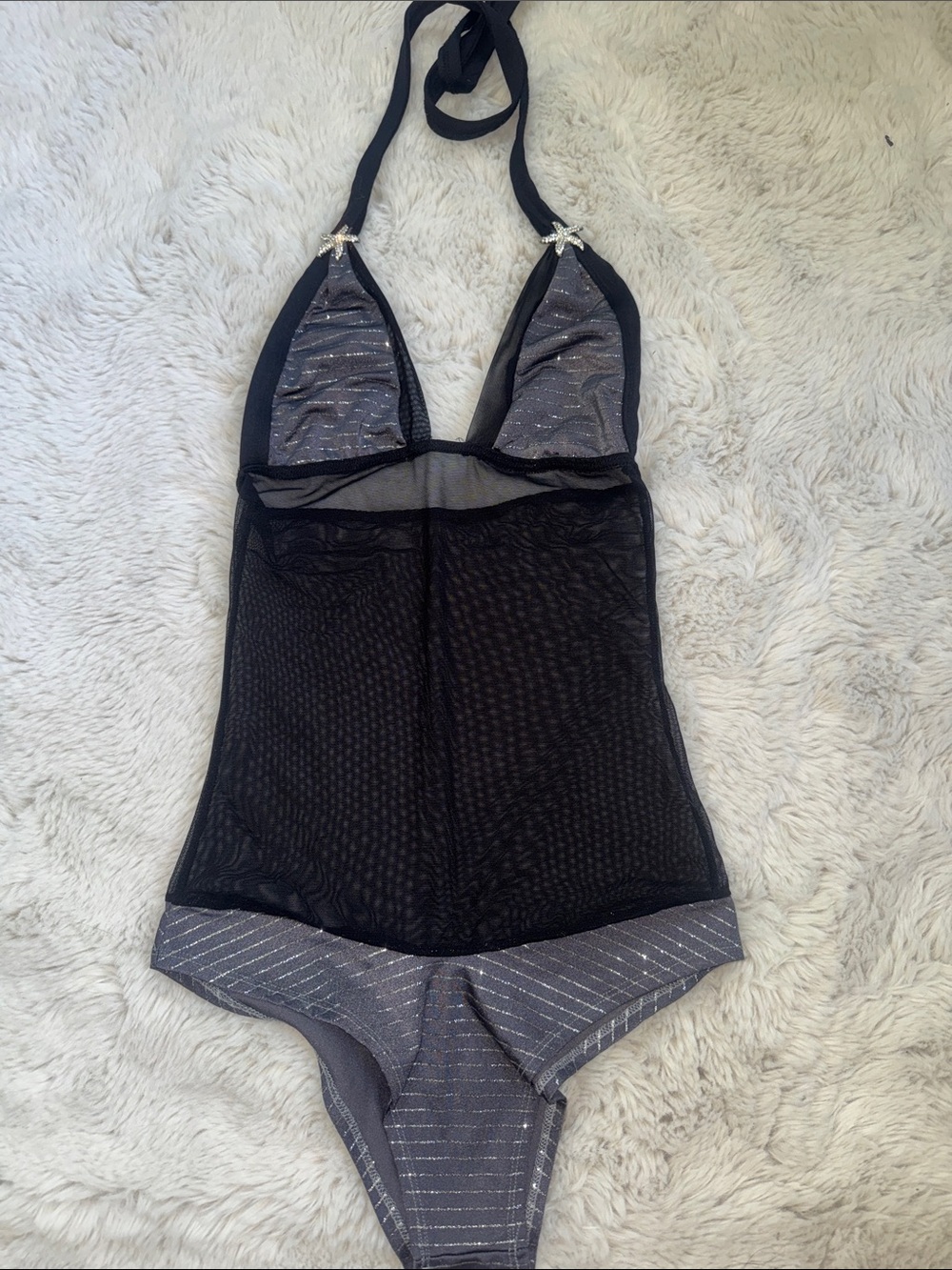 Sheer Black Mesh Halter Bodysuit with Silver Accents Rave or Exotic Dancewear